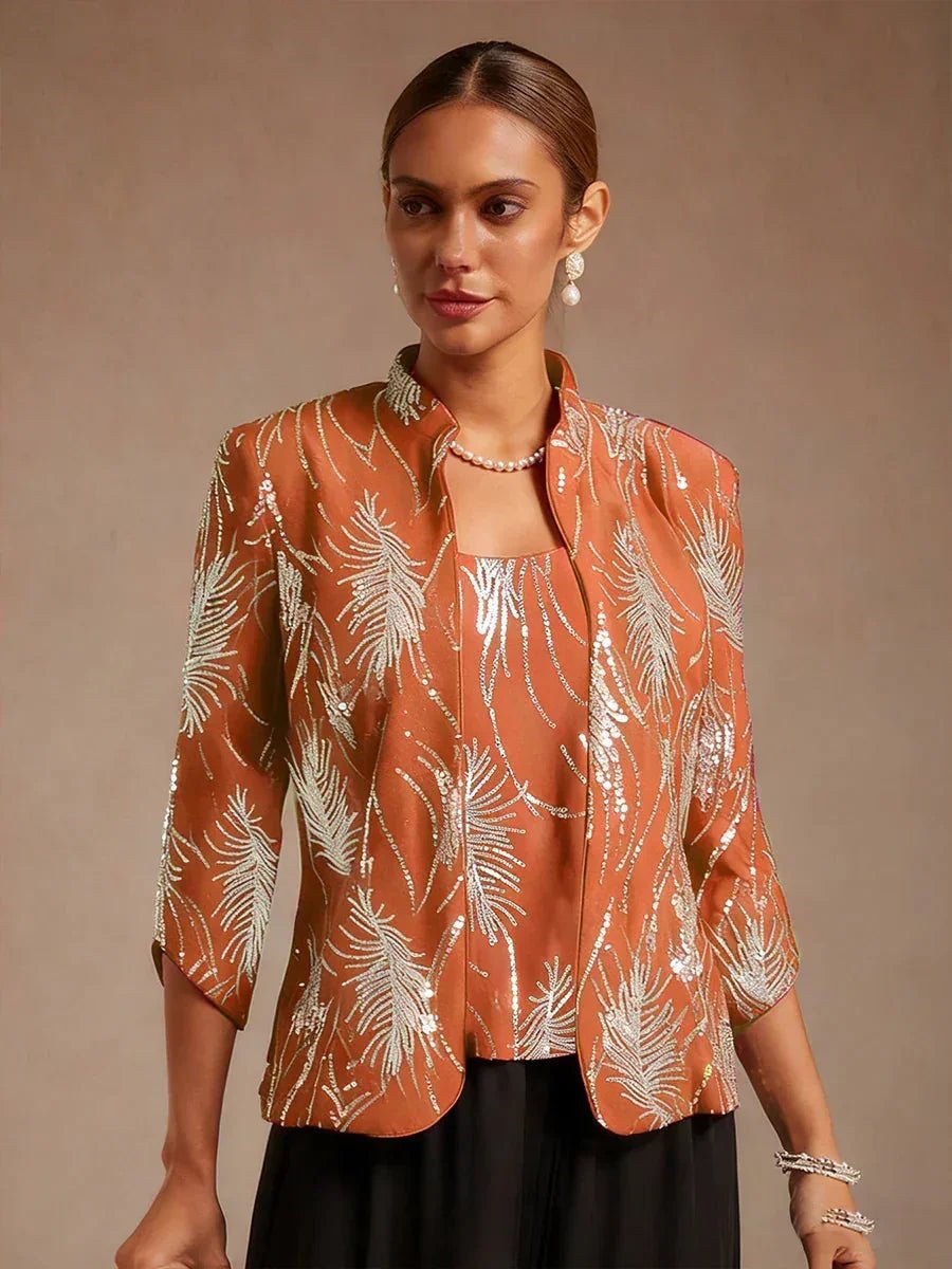 Conjunto de dos piezas elegante con cuello mandarín y lentejuelas - Nhaura