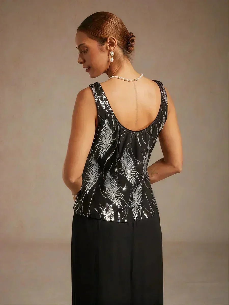 Conjunto de dos piezas elegante con cuello mandarín y lentejuelas - Nhaura