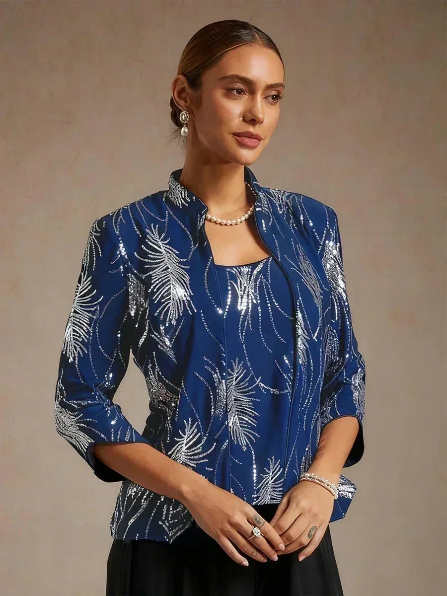 Conjunto de dos piezas elegante con cuello mandarín y lentejuelas - Nhaura