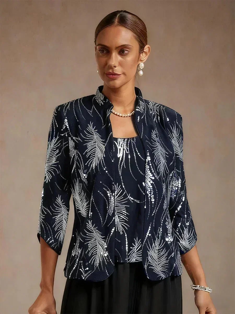 Conjunto de dos piezas elegante con cuello mandarín y lentejuelas - Nhaura