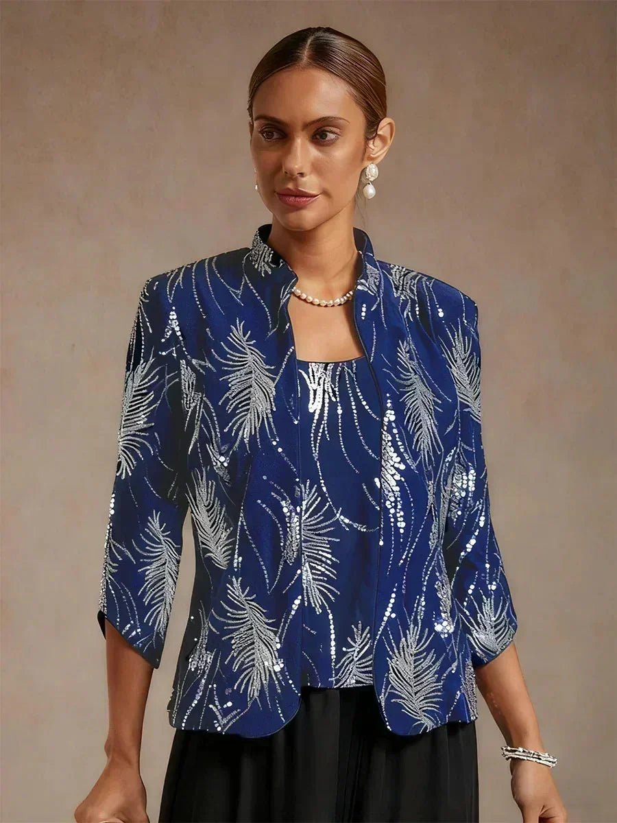 Conjunto de dos piezas elegante con cuello mandarín y lentejuelas - Nhaura