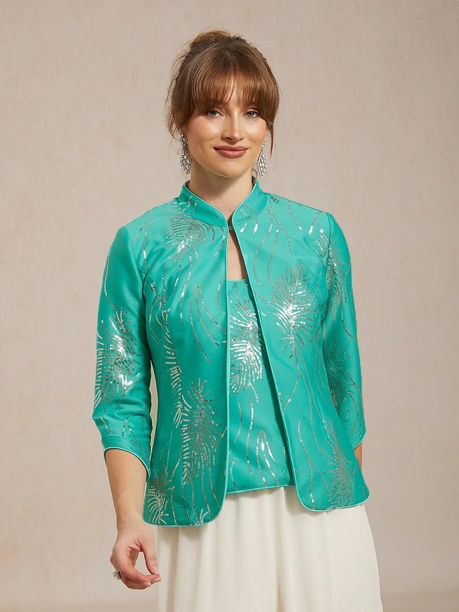 Conjunto de dos piezas elegante con cuello mandarín y lentejuelas - Nhaura