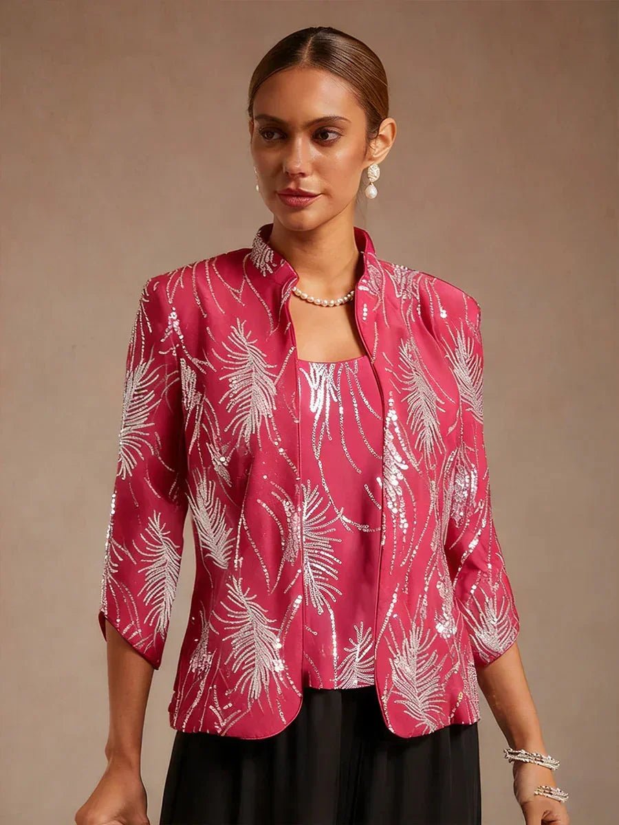 Conjunto de dos piezas elegante con cuello mandarín y lentejuelas - Nhaura