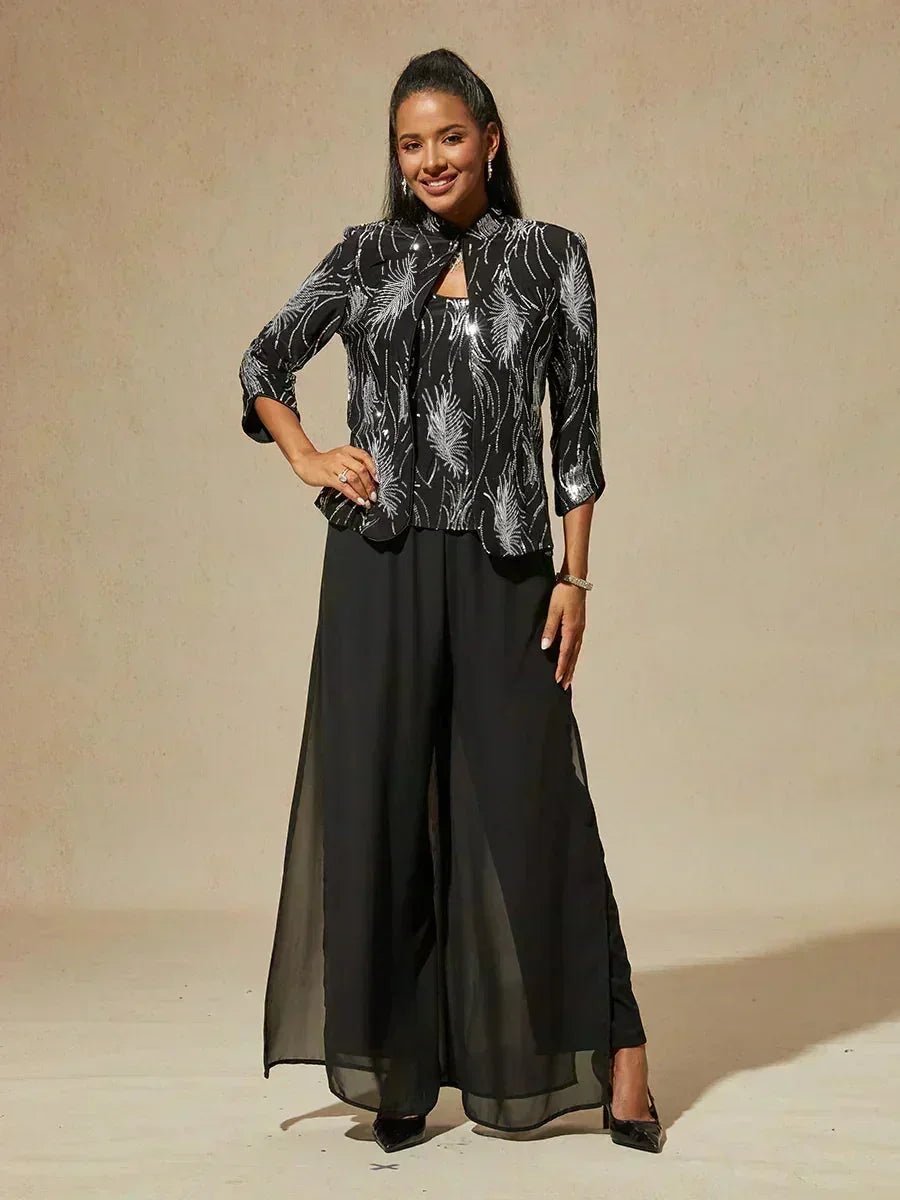 Conjunto de dos piezas elegante con cuello mandarín y lentejuelas - Nhaura