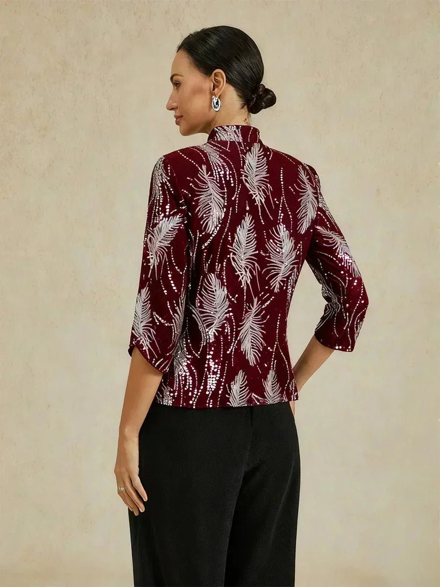Conjunto de dos piezas elegante con cuello mandarín y lentejuelas - Nhaura