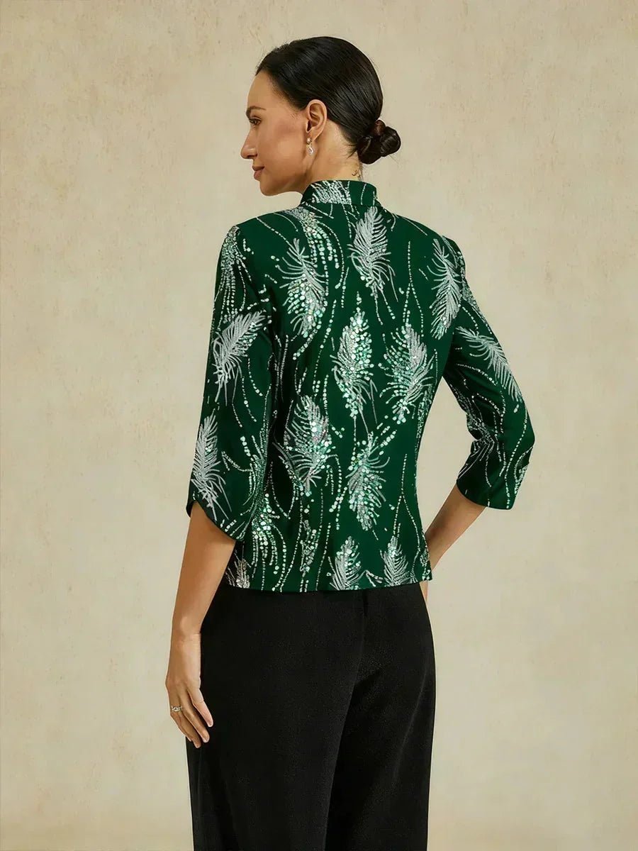 Conjunto de dos piezas elegante con cuello mandarín y lentejuelas - Nhaura