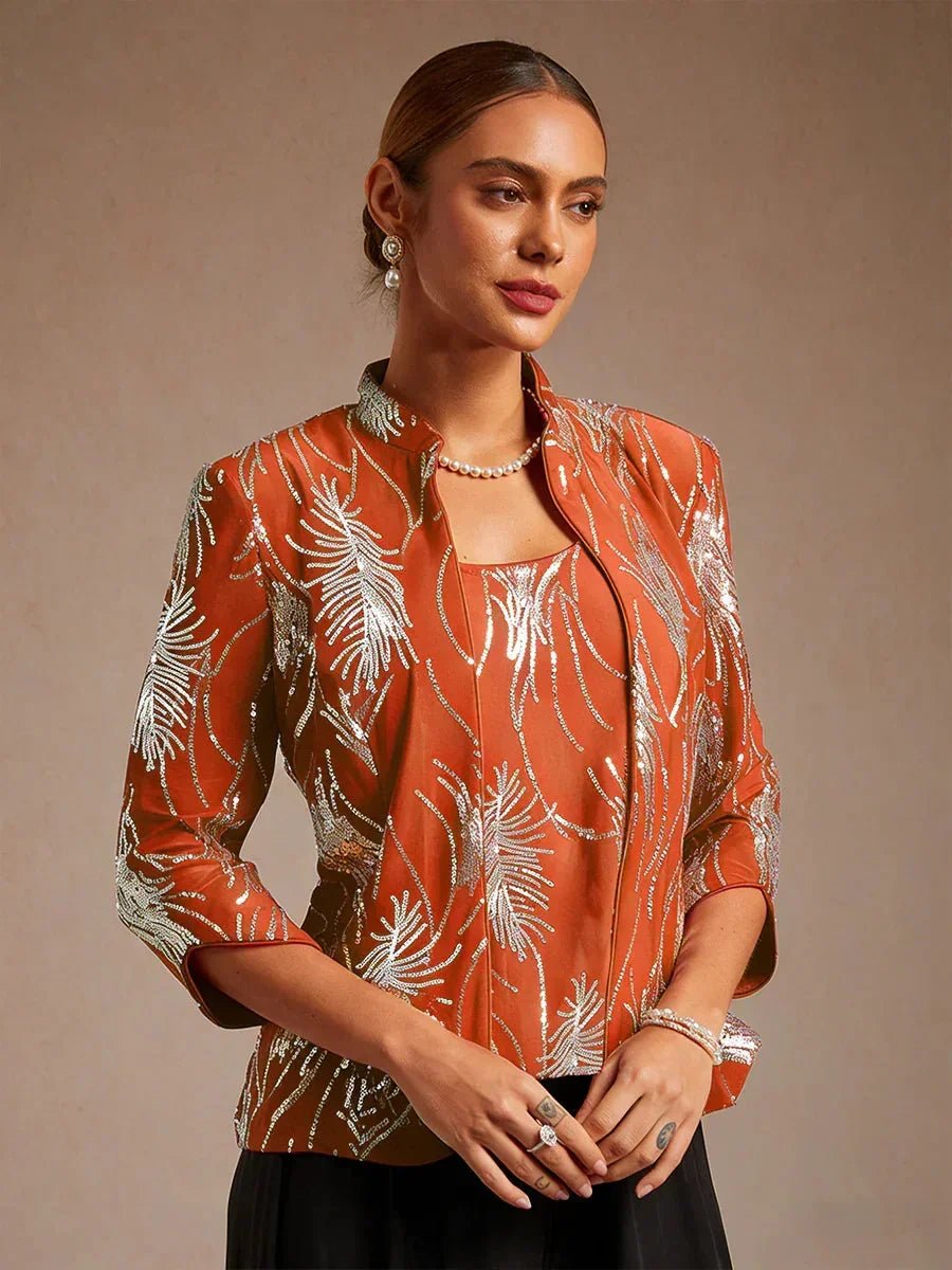 Conjunto de dos piezas elegante con cuello mandarín y lentejuelas - Nhaura