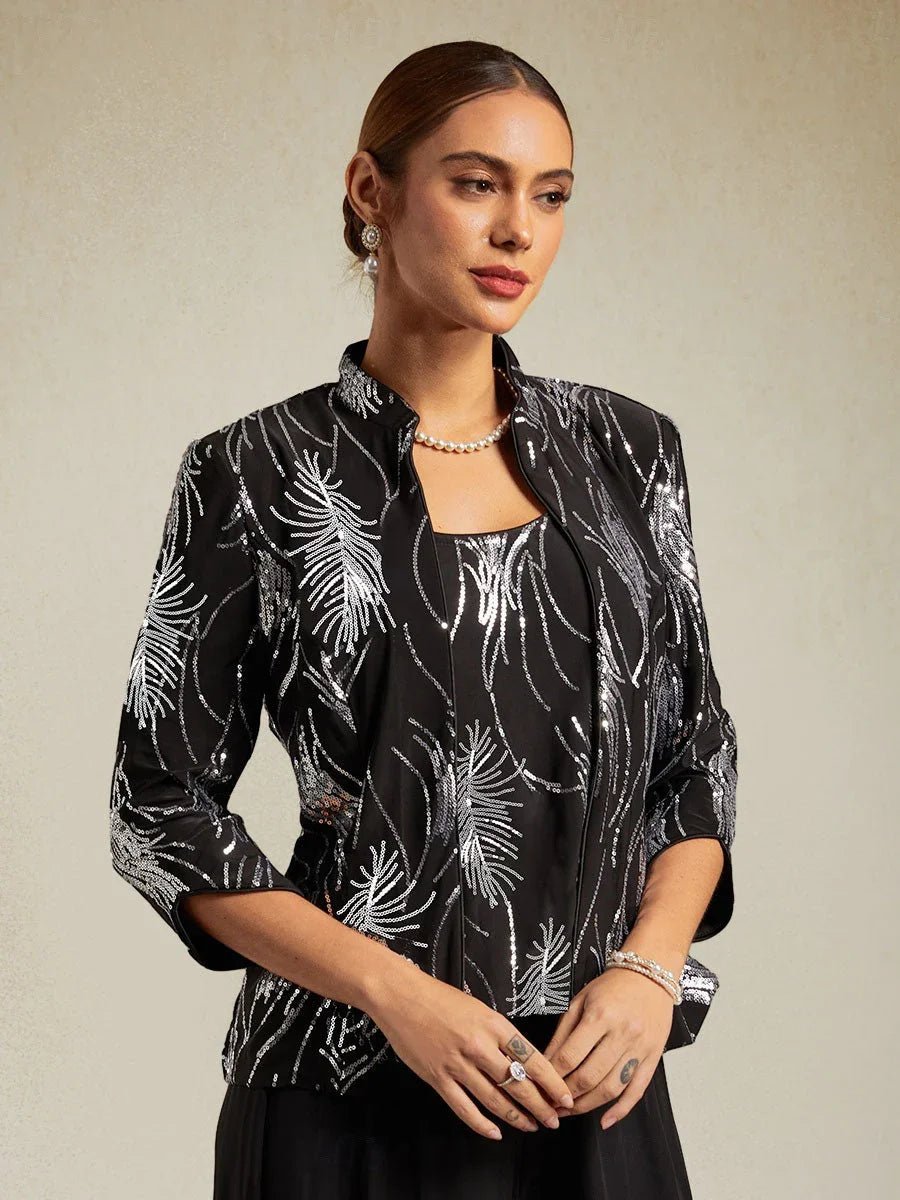 Conjunto de dos piezas elegante con cuello mandarín y lentejuelas - Nhaura