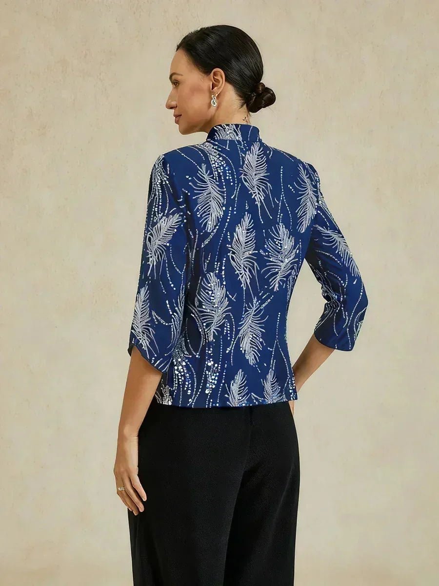 Conjunto de dos piezas elegante con cuello mandarín y lentejuelas - Nhaura