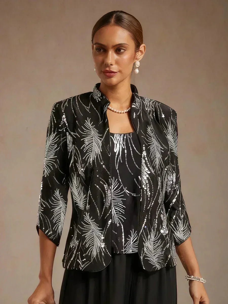 Conjunto de dos piezas elegante con cuello mandarín y lentejuelas - Nhaura