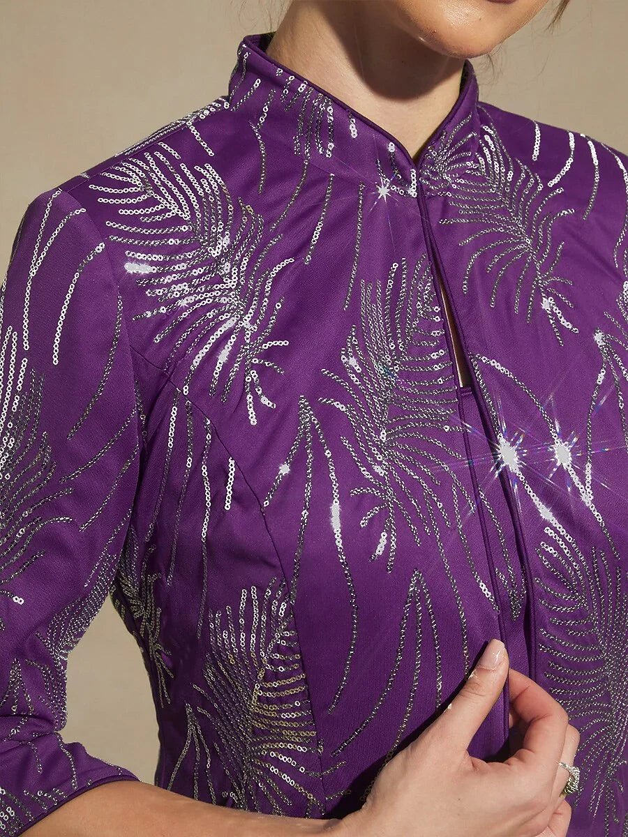 Conjunto de dos piezas elegante con cuello mandarín y lentejuelas - Nhaura