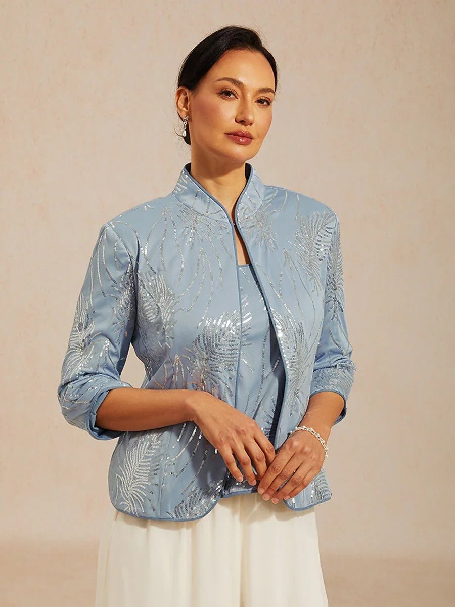 Conjunto de dos piezas elegante con cuello mandarín y lentejuelas - Nhaura