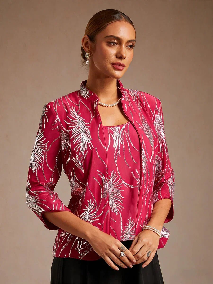 Conjunto de dos piezas elegante con cuello mandarín y lentejuelas - Nhaura