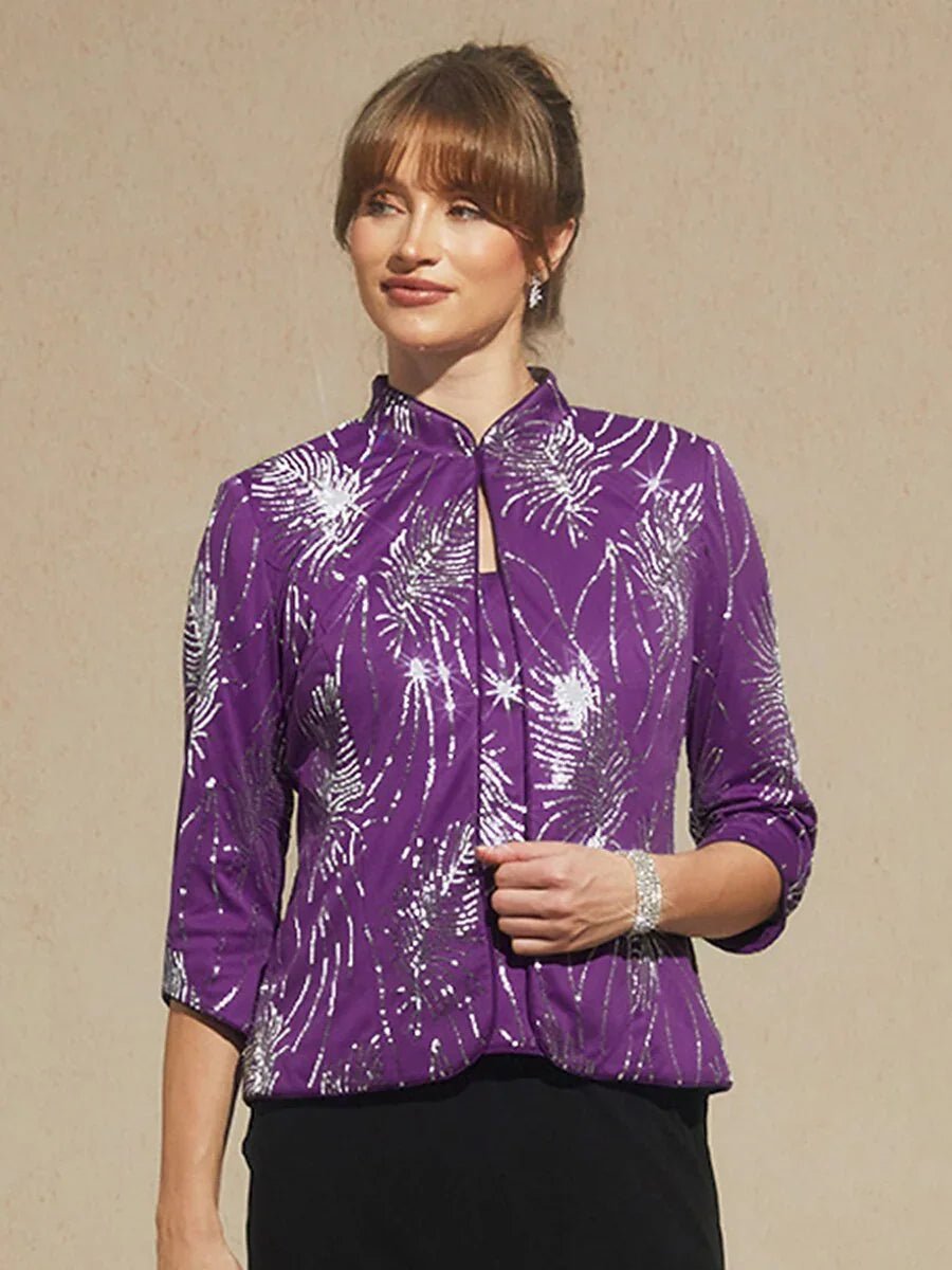 Conjunto de dos piezas elegante con cuello mandarín y lentejuelas - Nhaura