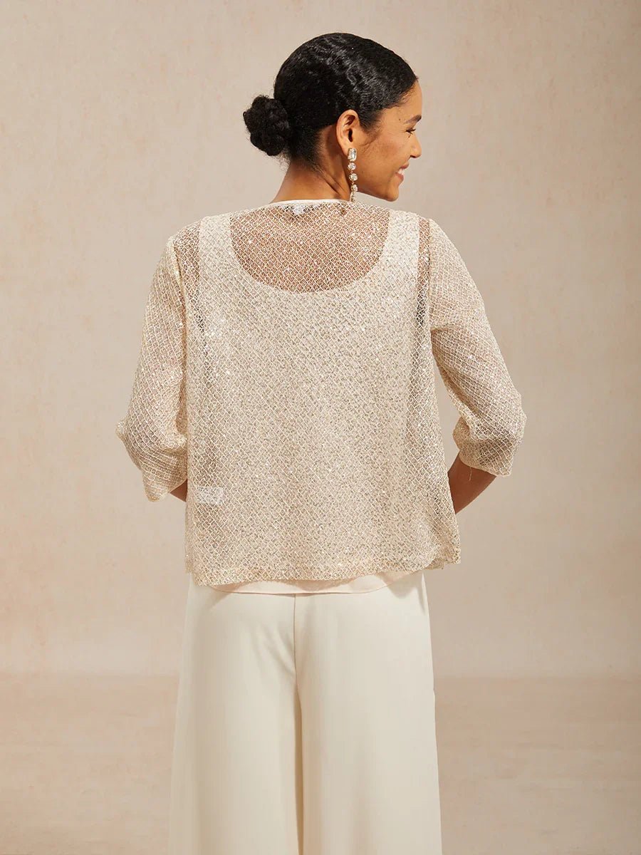 Conjunto de tul con lentejuelas, cuello redondo y manga 3/4 - Nhaura