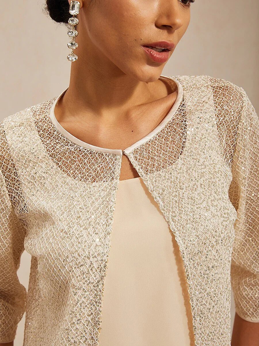 Conjunto de tul con lentejuelas, cuello redondo y manga 3/4 - Nhaura