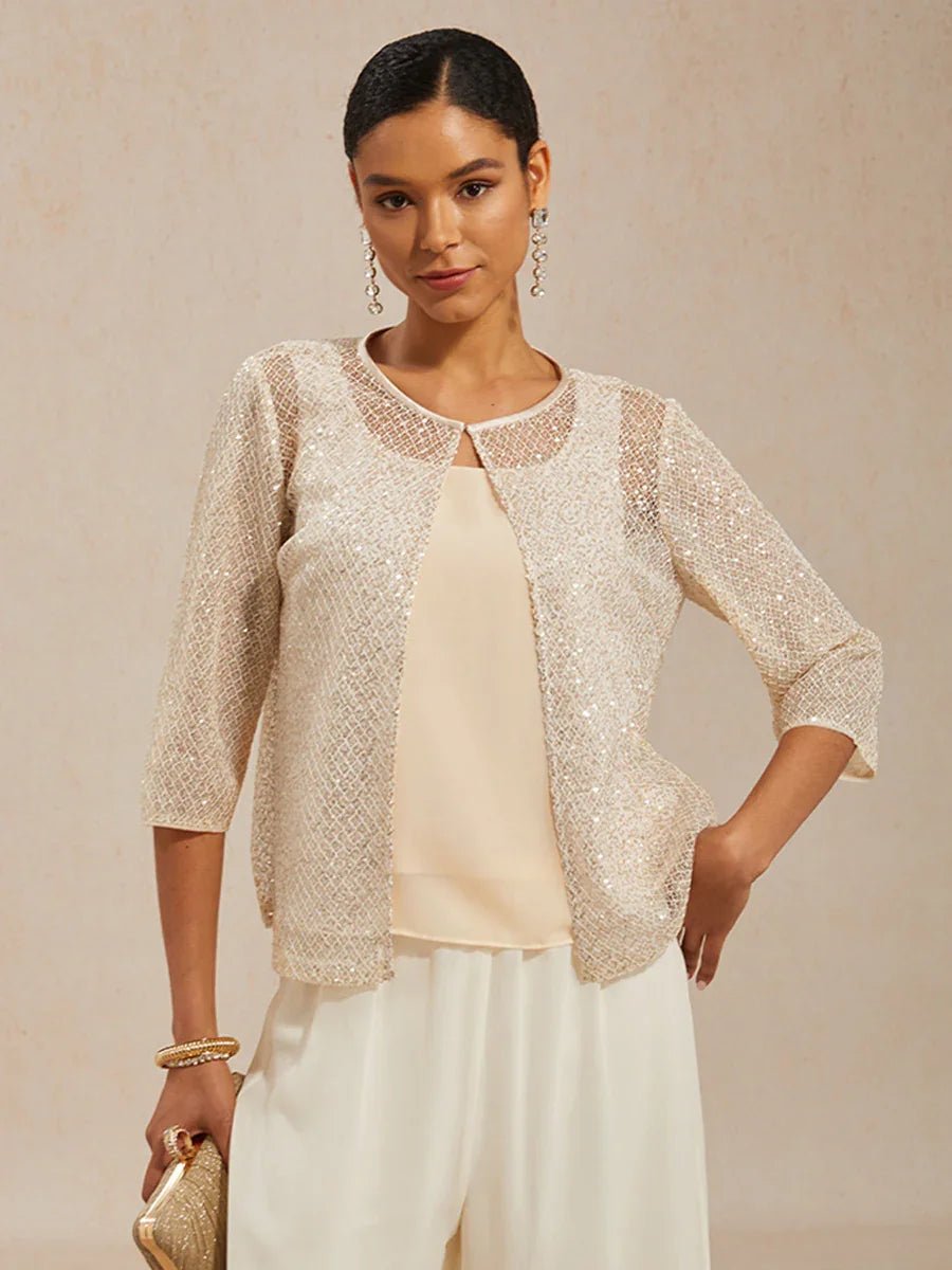Conjunto de tul con lentejuelas, cuello redondo y manga 3/4 - Nhaura