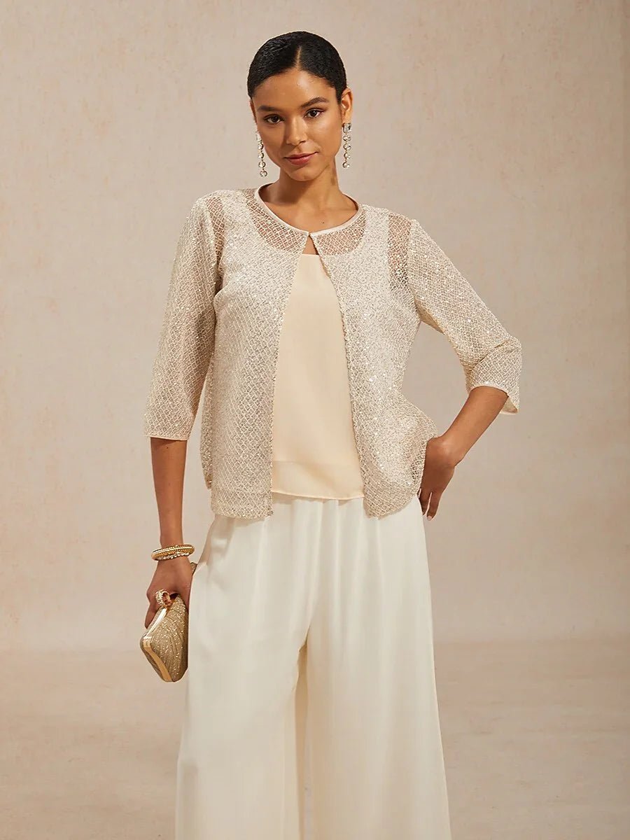 Conjunto de tul con lentejuelas, cuello redondo y manga 3/4 - Nhaura