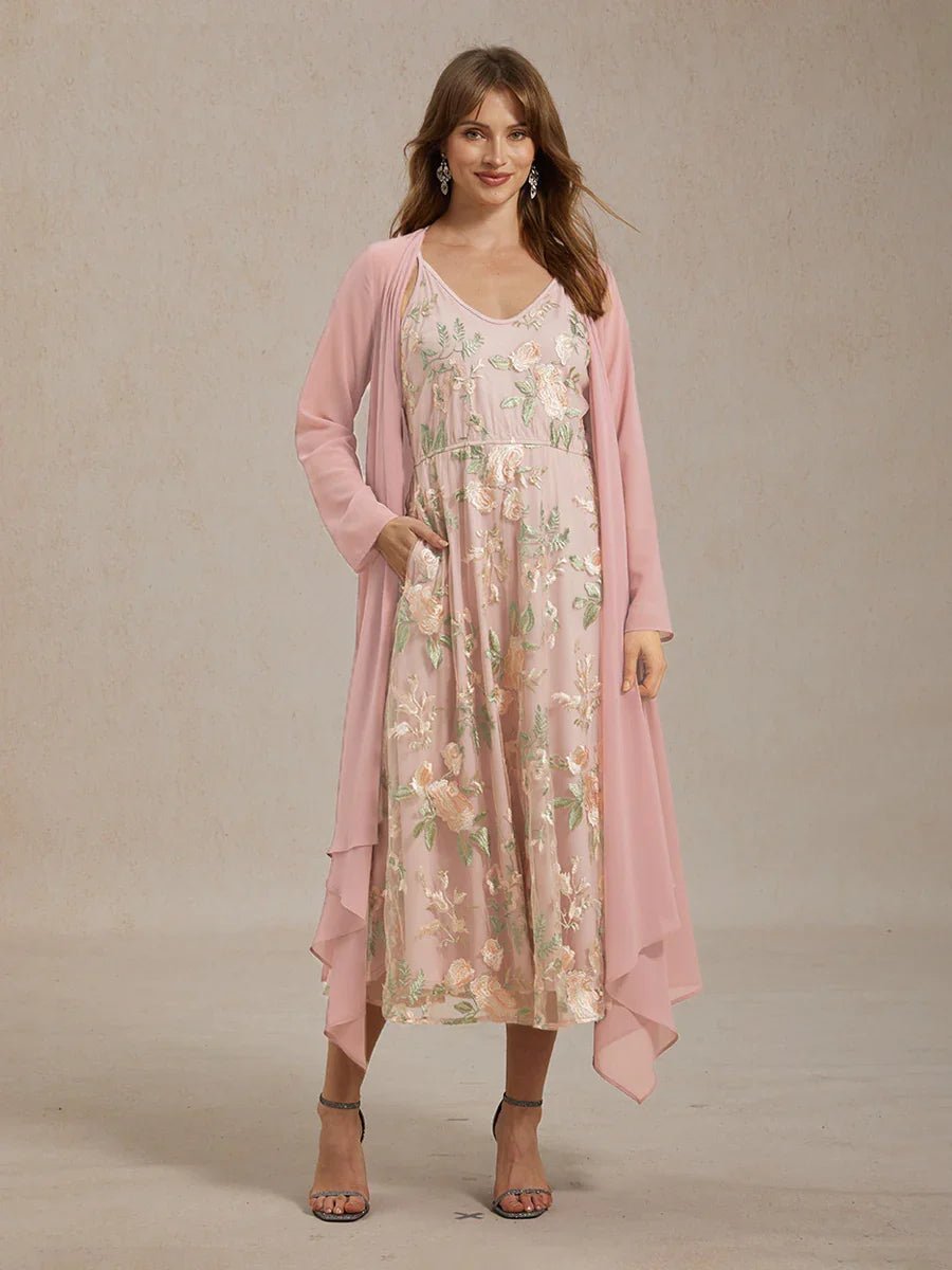 Conjunto de vestido de gasa con encaje bordado - Nhaura