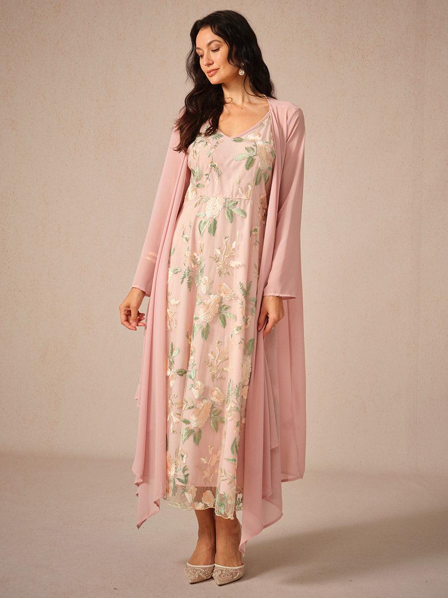 Conjunto de vestido de gasa con encaje bordado - Nhaura