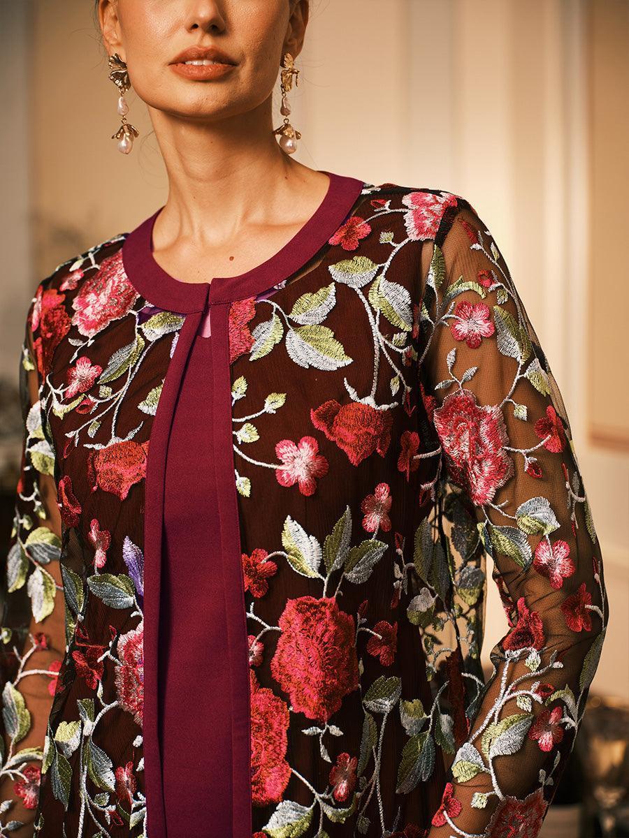 Conjunto de vestido floral bordado en encaje y tul - Nhaura