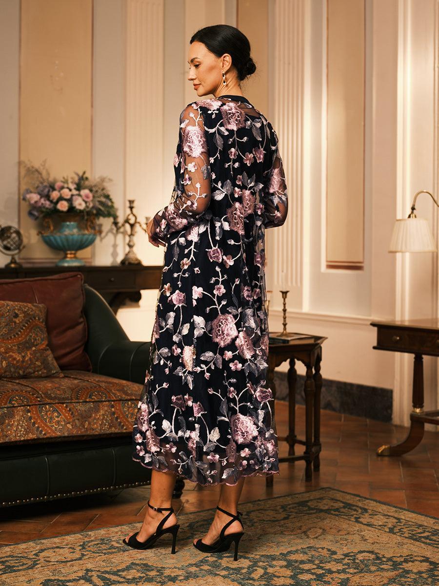 Conjunto de vestido floral bordado en encaje y tul - Nhaura