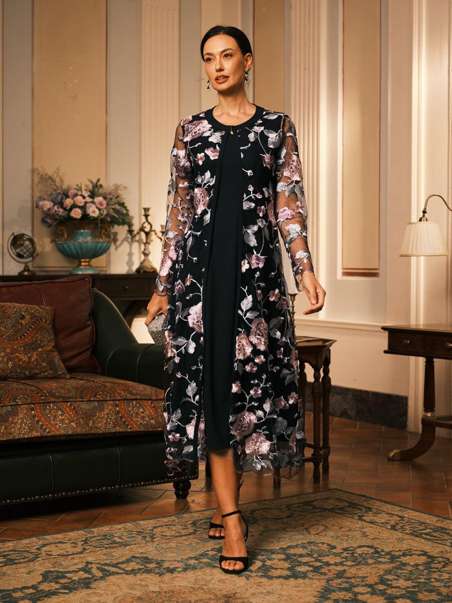 Conjunto de vestido floral bordado en encaje y tul - Nhaura