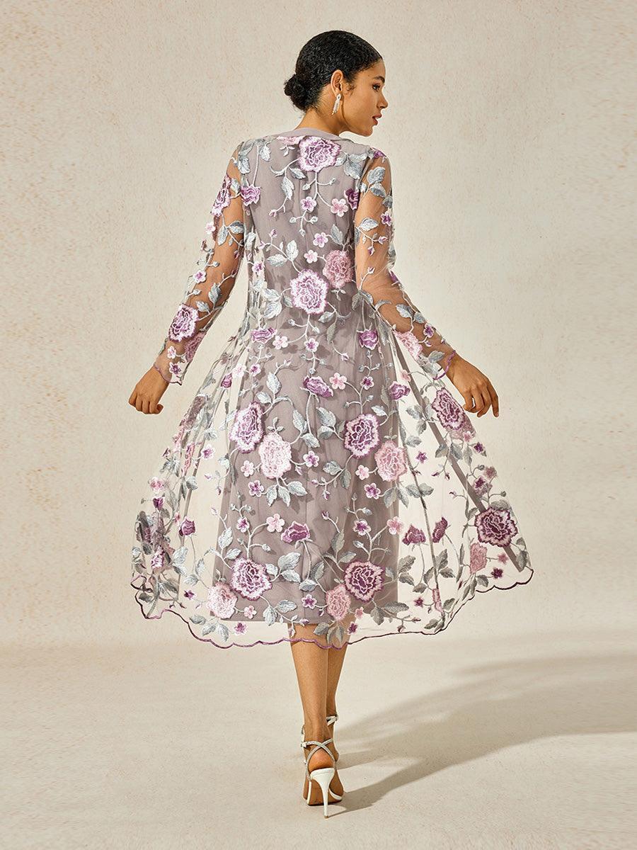Conjunto de vestido floral bordado en encaje y tul - Nhaura