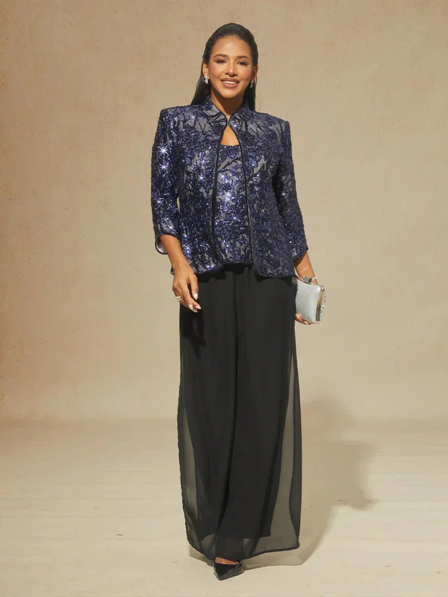 Conjunto floral con cuello mandarín y lentejuelas - Nhaura