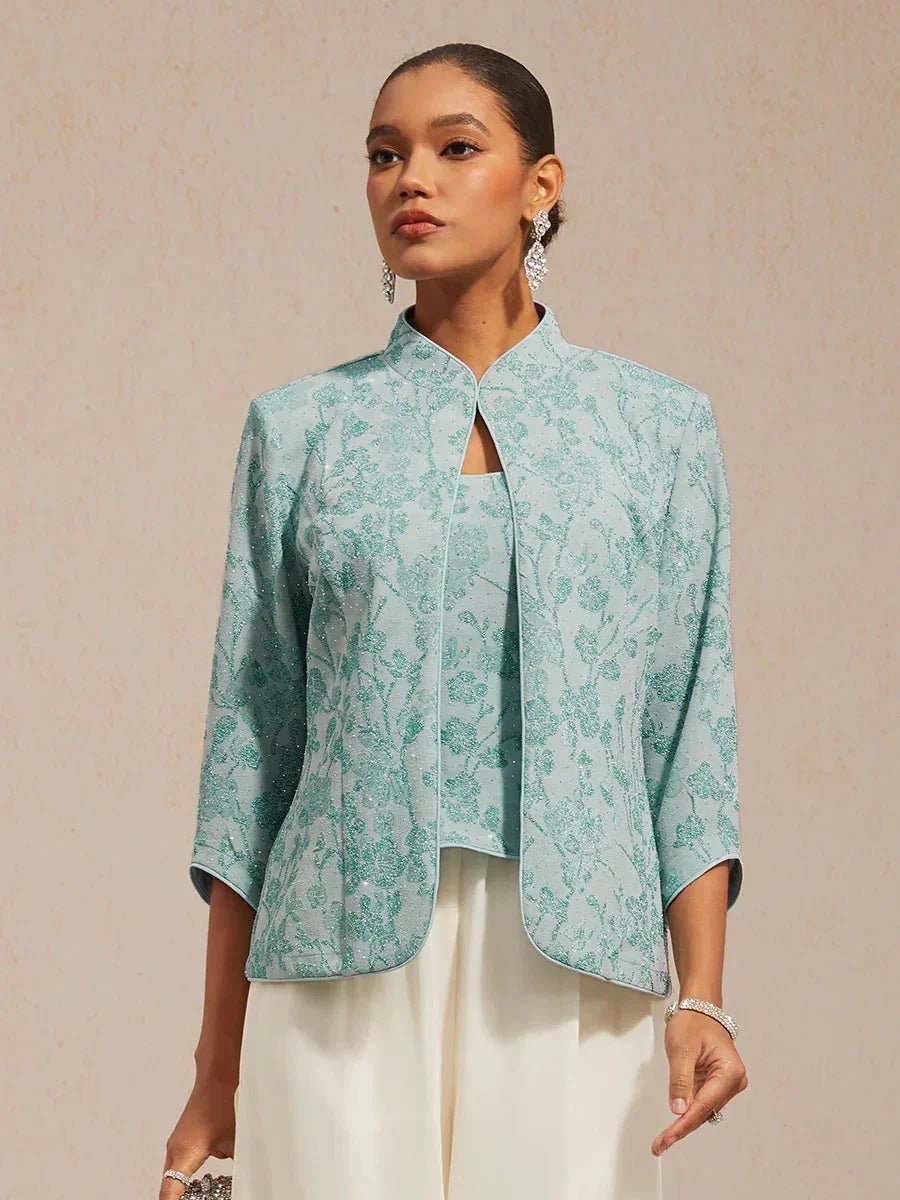 Conjunto floral de punto jacquard con cuello mandarín - Nhaura