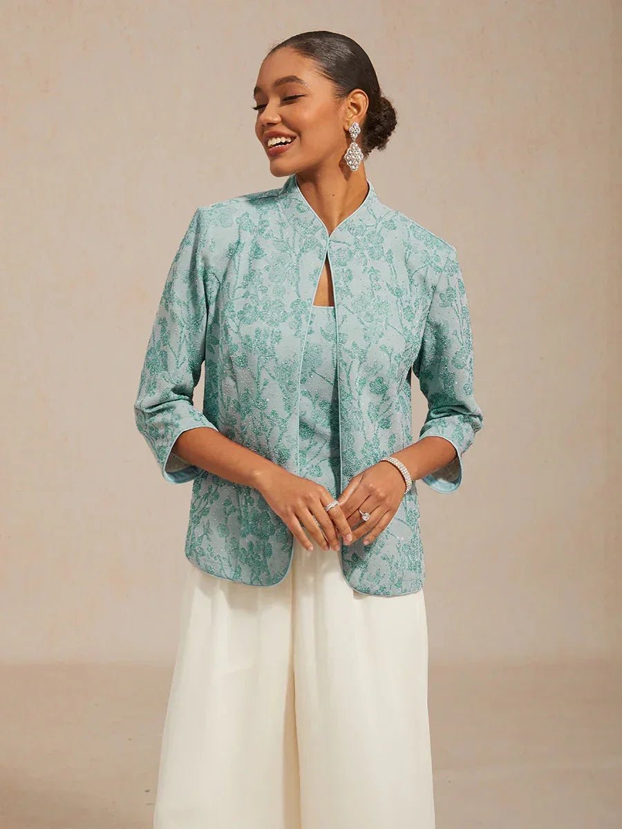 Conjunto floral de punto jacquard con cuello mandarín - Nhaura