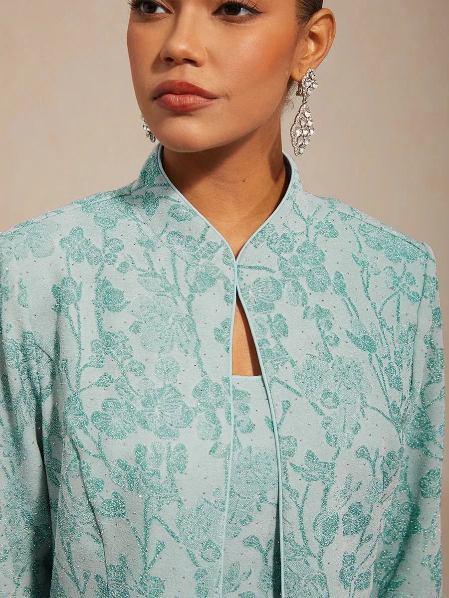 Conjunto floral de punto jacquard con cuello mandarín - Nhaura