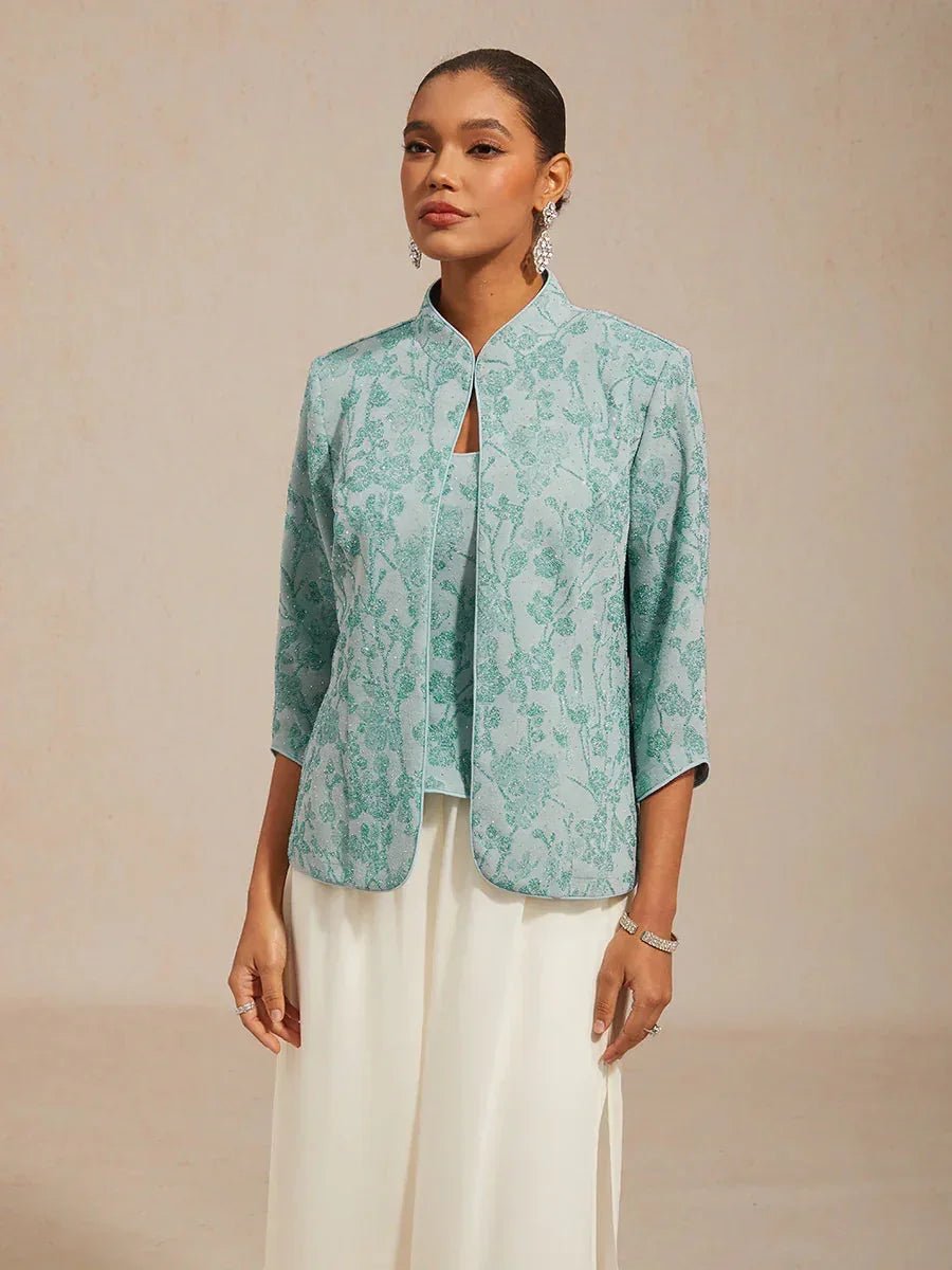 Conjunto floral de punto jacquard con cuello mandarín - Nhaura