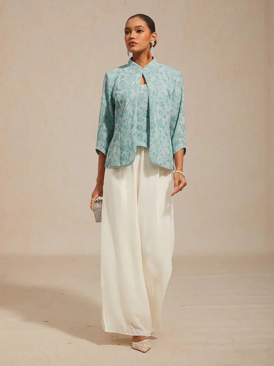 Conjunto floral de punto jacquard con cuello mandarín - Nhaura