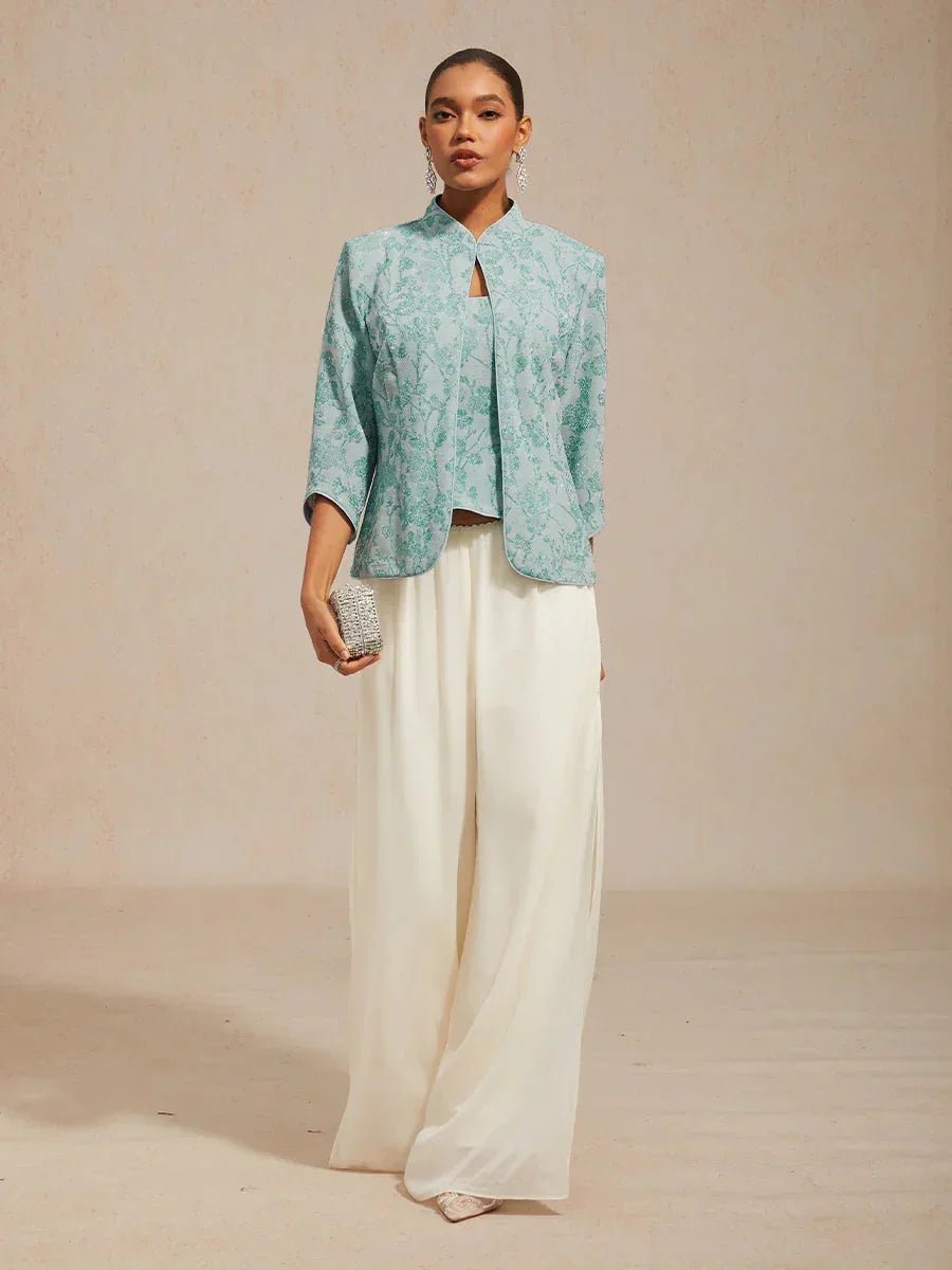 Conjunto floral de punto jacquard con cuello mandarín - Nhaura