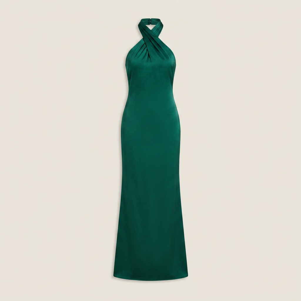 Vestido Maxi Satén Cuello Halter Cruzado Corte Sirena para Mujer