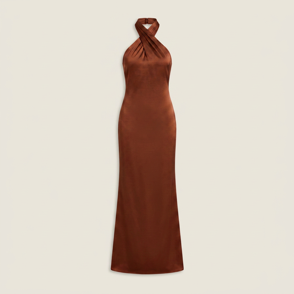 Vestido Maxi Satén Cuello Halter Cruzado Corte Sirena para Mujer