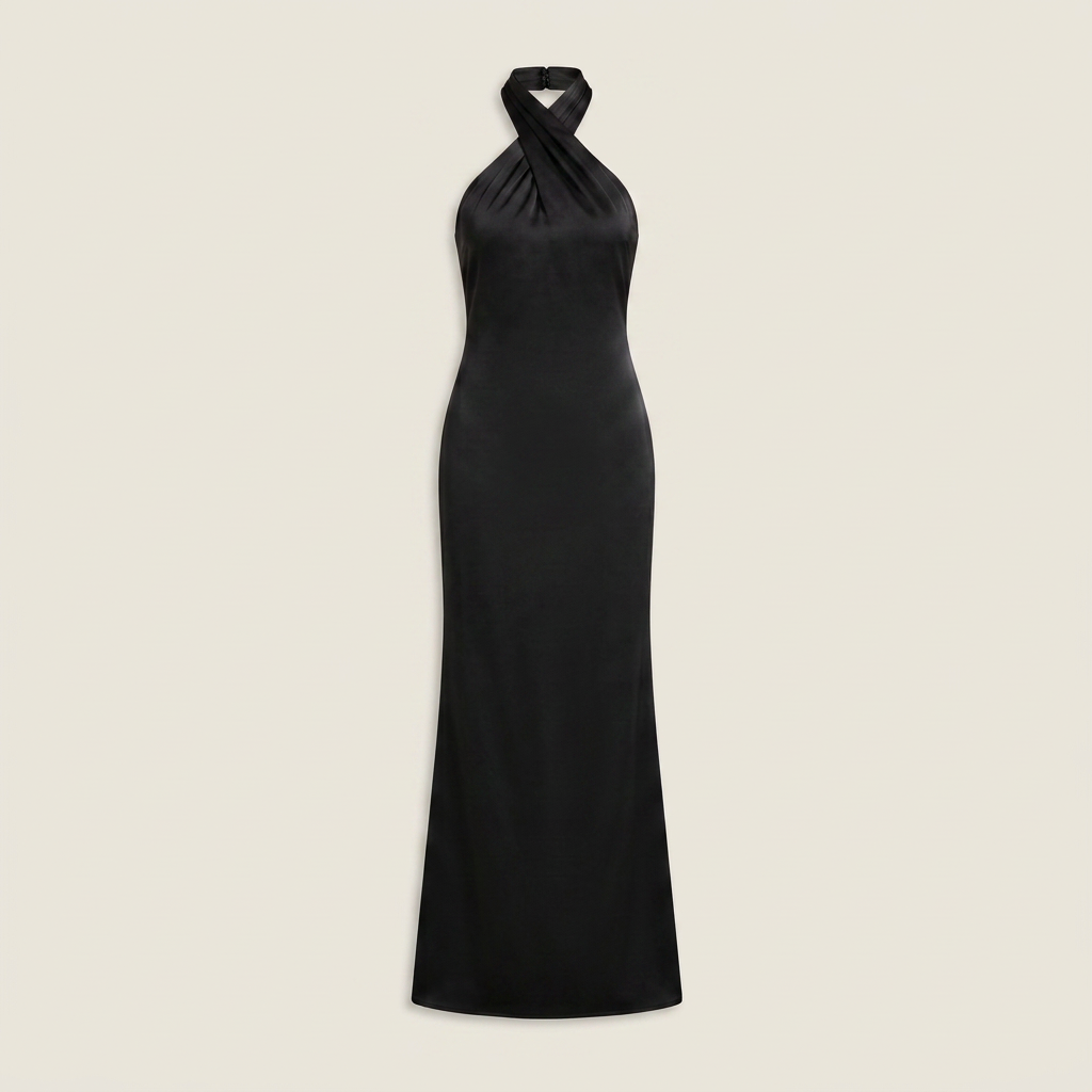 Vestido Maxi Satén Cuello Halter Cruzado Corte Sirena para Mujer