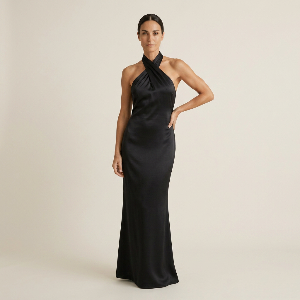 Vestido Maxi Satén Cuello Halter Cruzado Corte Sirena para Mujer