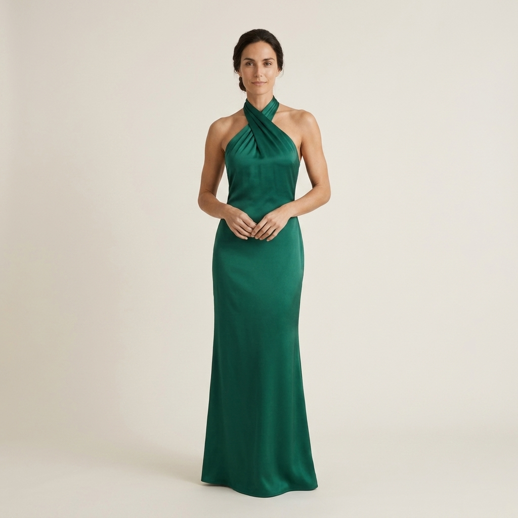 Vestido Maxi Satén Cuello Halter Cruzado Corte Sirena para Mujer