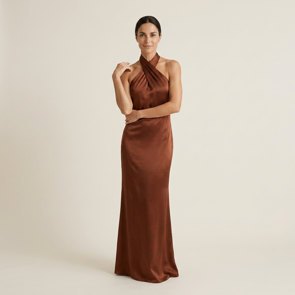 Vestido Maxi Satén Cuello Halter Cruzado Corte Sirena para Mujer