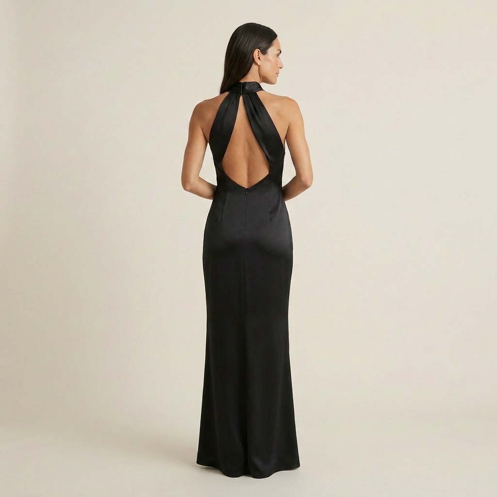 Vestido Maxi Satén Cuello Halter Cruzado Corte Sirena para Mujer