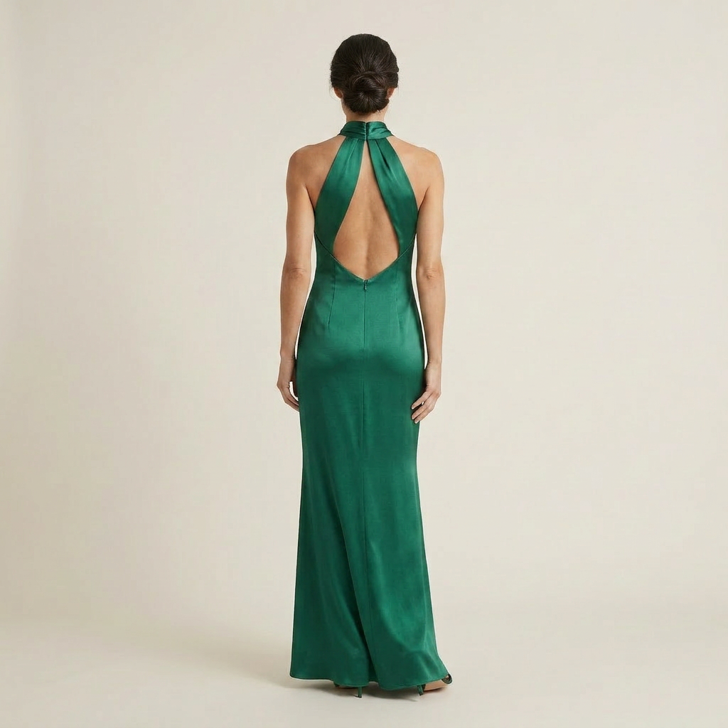 Vestido Maxi Satén Cuello Halter Cruzado Corte Sirena para Mujer