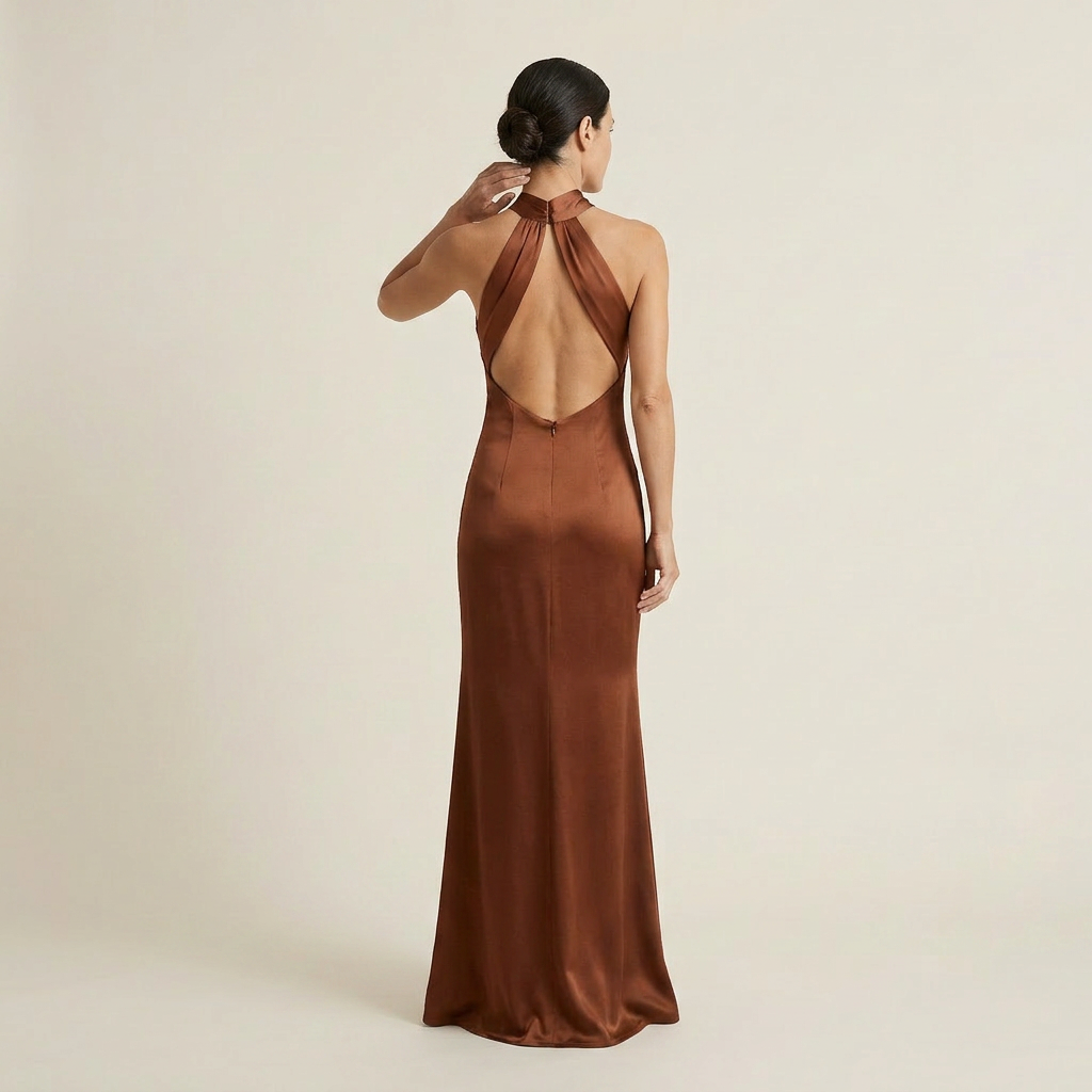 Vestido Maxi Satén Cuello Halter Cruzado Corte Sirena para Mujer