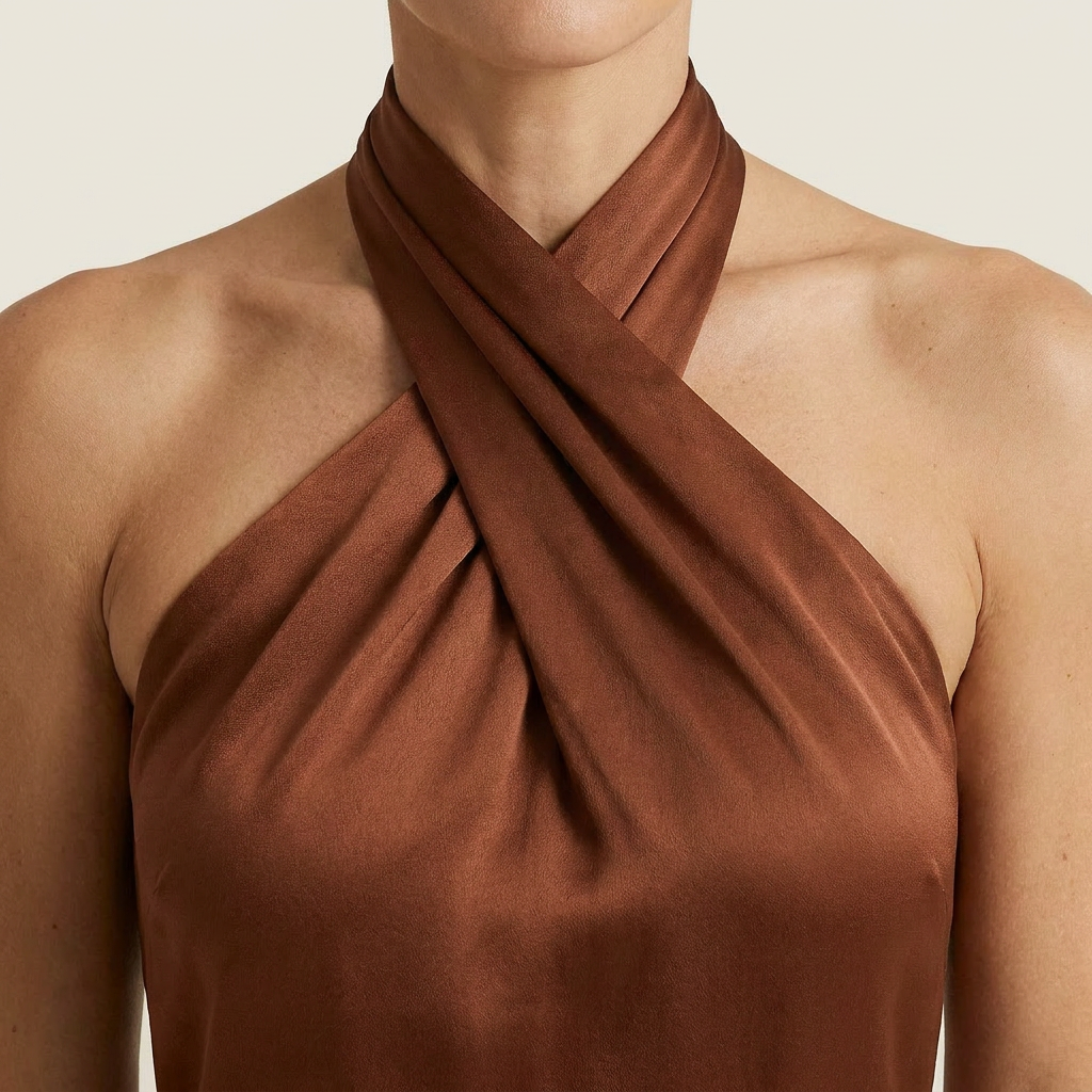 Vestido Maxi Satén Cuello Halter Cruzado Corte Sirena para Mujer