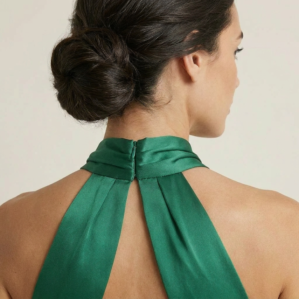 Vestido Maxi Satén Cuello Halter Cruzado Corte Sirena para Mujer