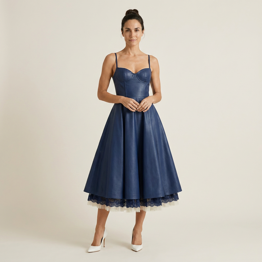 Vestido Midi Corsé Polipiel Falda Evasé Vuelo para Mujer