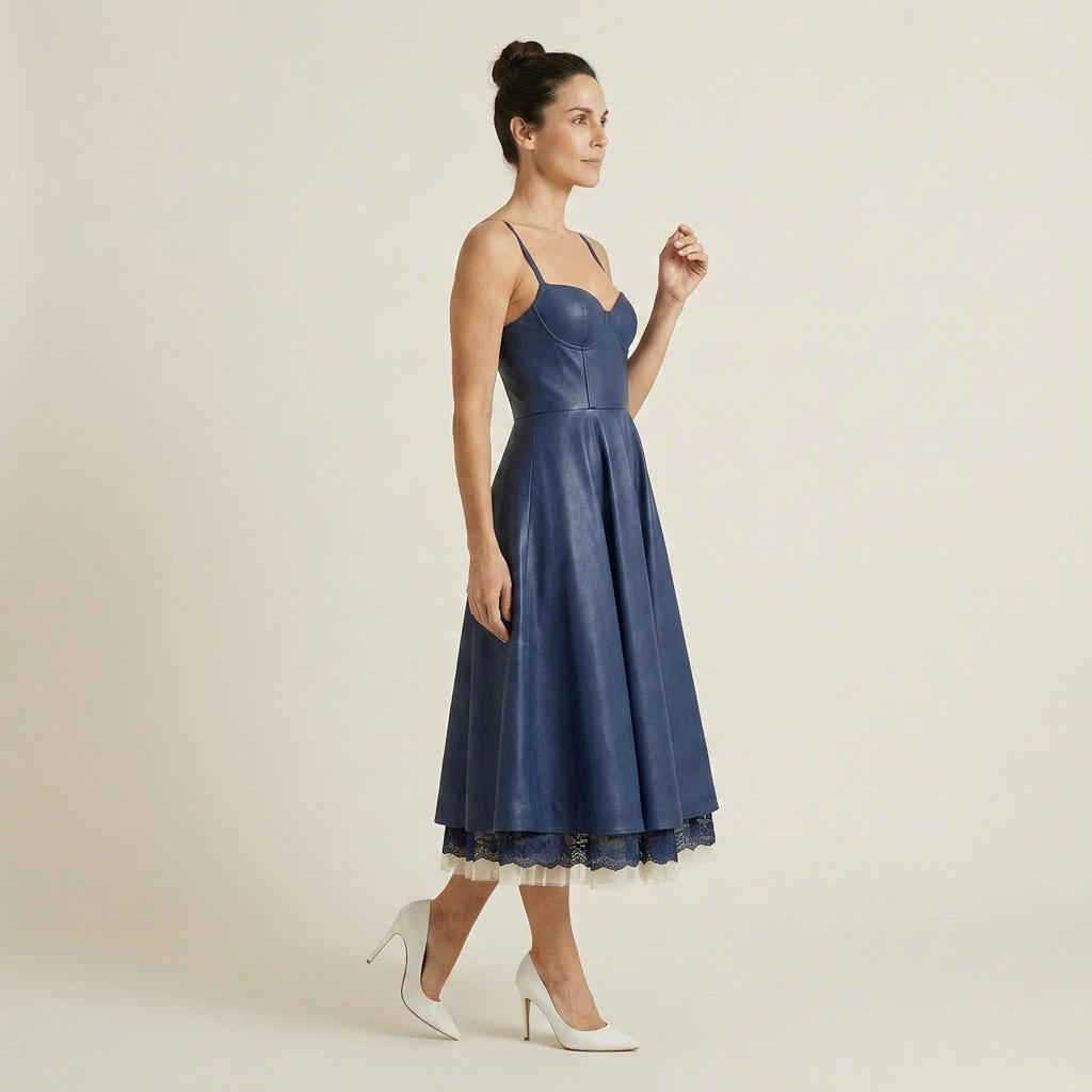 Vestido Midi Corsé Polipiel Falda Evasé Vuelo para Mujer