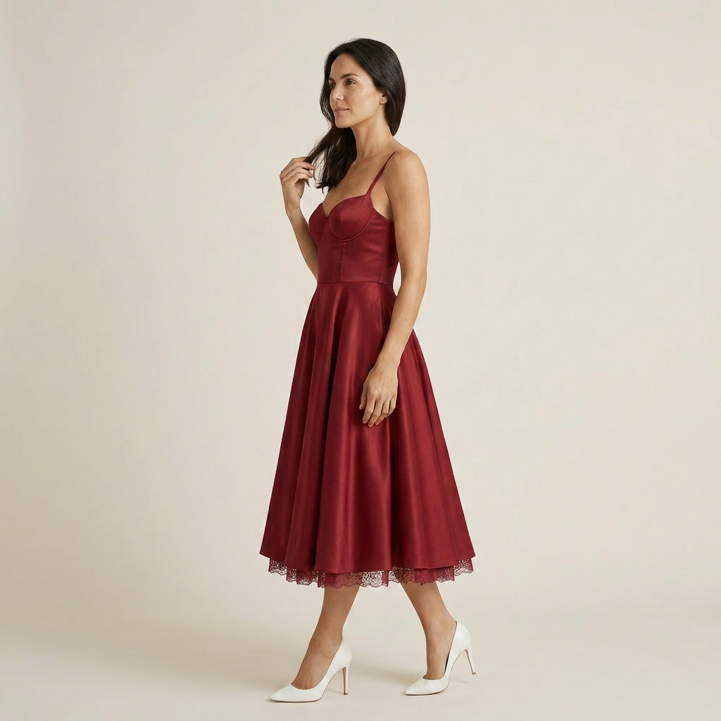 Vestido Midi Corsé Polipiel Falda Evasé Vuelo para Mujer