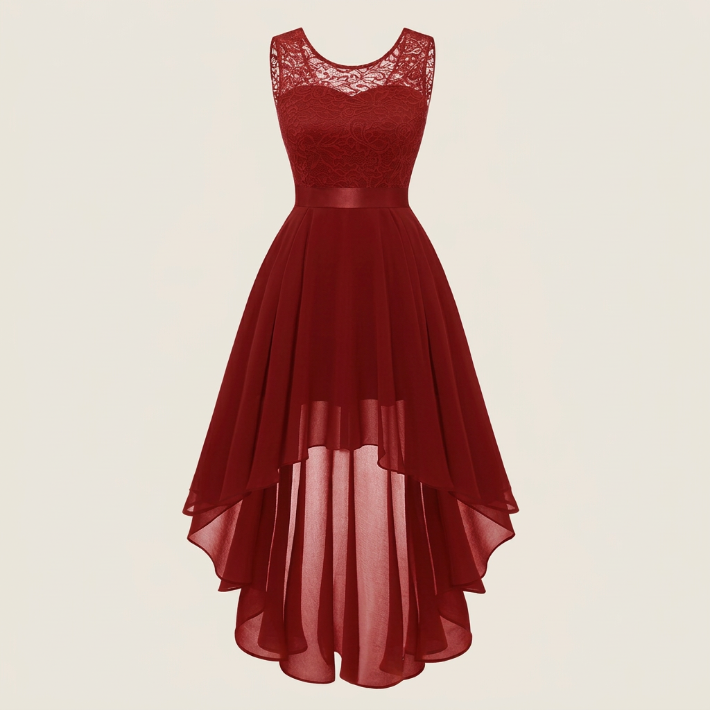 Vestido Cóctel Encaje Falda Asimétrica Gasa para Mujer